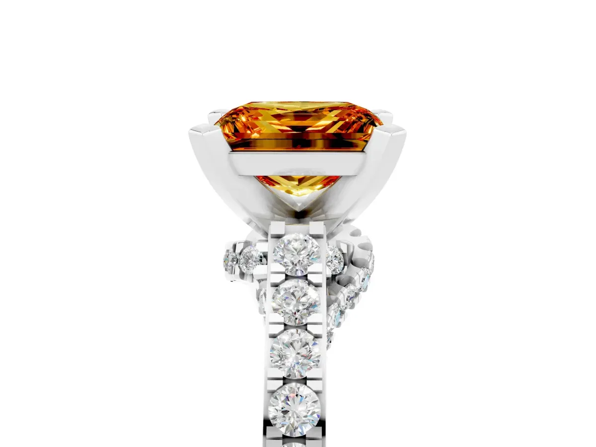 Princess Cut Citrine Solitaire Ring with Crossover Gallery and Round Pavé Band Silver
