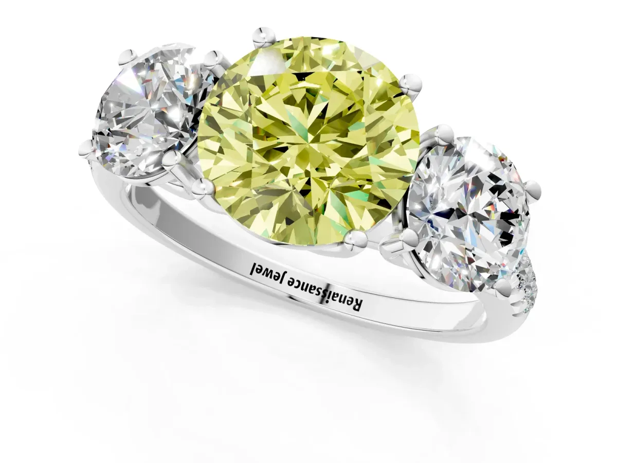 Fancy Yellow Three-Stone Round Cut Diamond Ring with Round Pavé Band and Prong Setting Silver