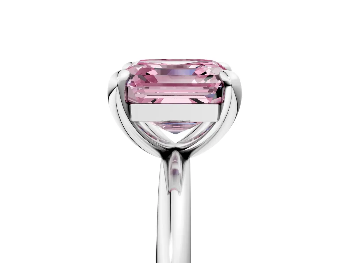 Fancy Pink Asscher Cut Solitaire Diamond Ring with Four-Prong Setting on a Plain Band Platinum