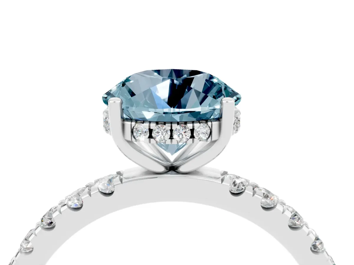 Round Cut Aquamarine Pave Band Solitaire Ring with Round and Prong Setting Silver