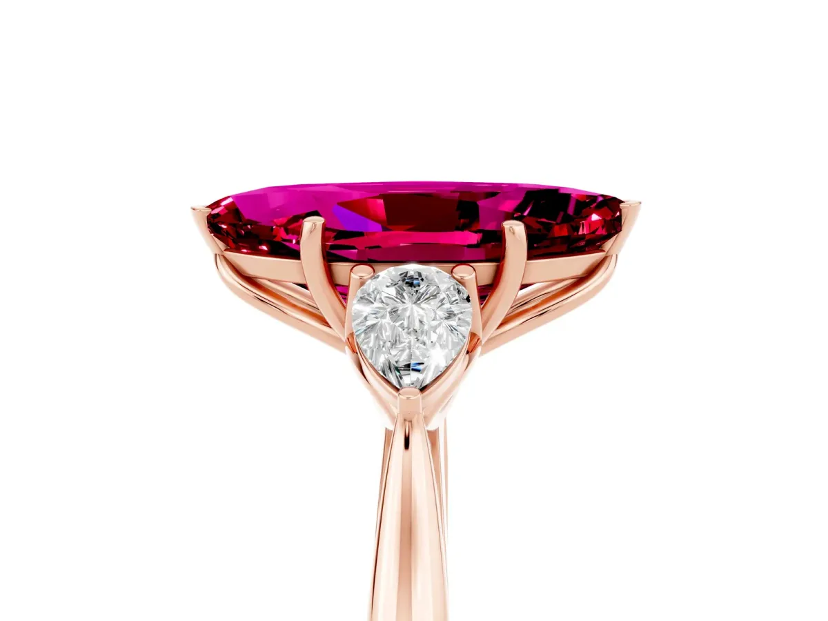 Marquise Cut Garnet Three-Stone Ring with Pear Side Stones and Prong Setting Rose gold