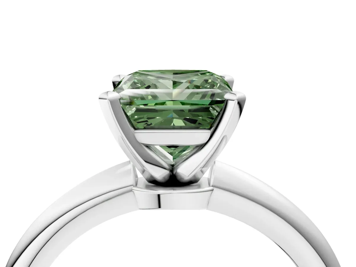 Fancy Green Princess Cut Diamond Solitaire Ring with Six-Prong Setting and Classic Band Silver