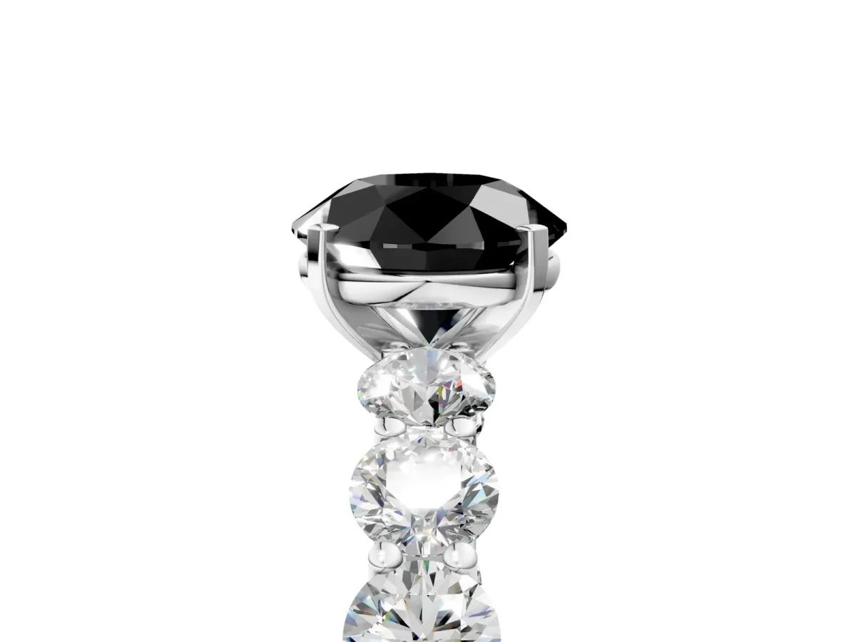 Fancy Black Round Cut Diamond Prong Setting with Side Stones on a Pave Band Platinum