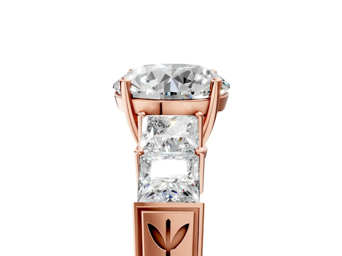 Round Cut Solitaire Princess Side Stone Engraved Band Prong Setting Ring Rose gold