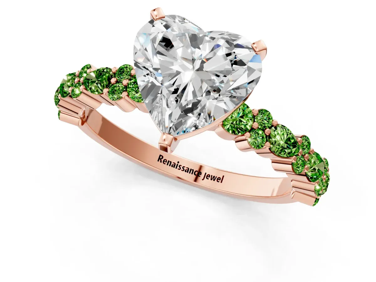 Heart Cut Diamond Side Stone Solitaire Ring with Round Peridot and Four-Prong Setting Rose gold