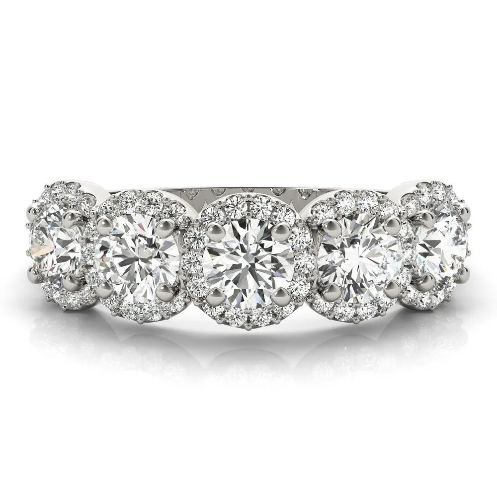 Round Diamond Halo Five-Stone Prong Set Band White gold