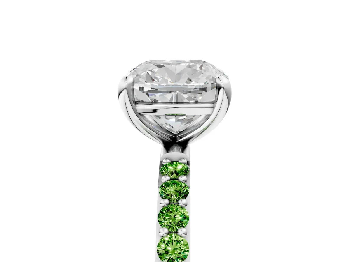Cushion Cut Diamond Solitaire Ring with Round Peridot Pavé Band and Prong Setting Silver