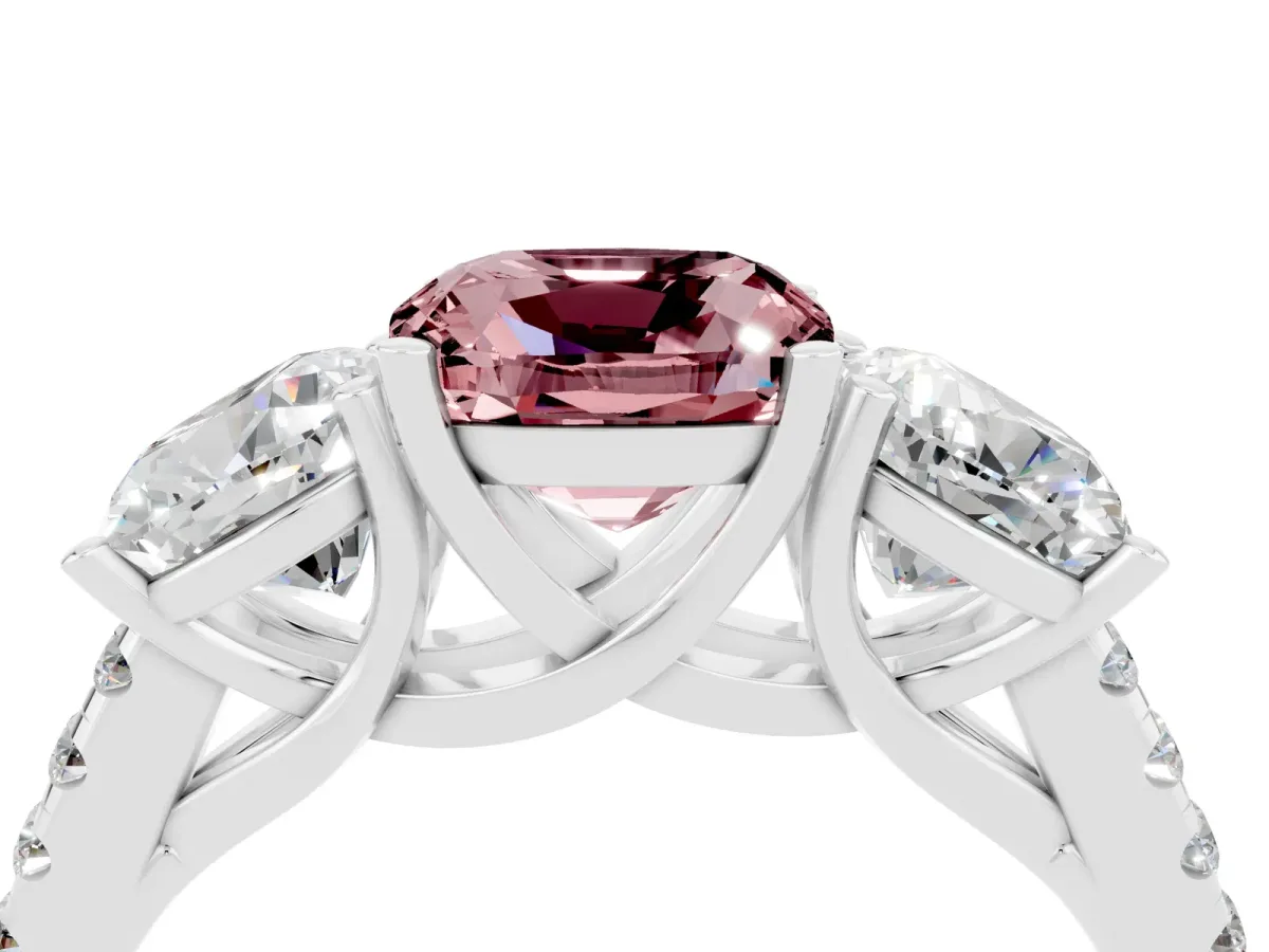 Three-Stone Cushion Cut Morganite Ring with Round Pavé Band and Prong Setting Silver