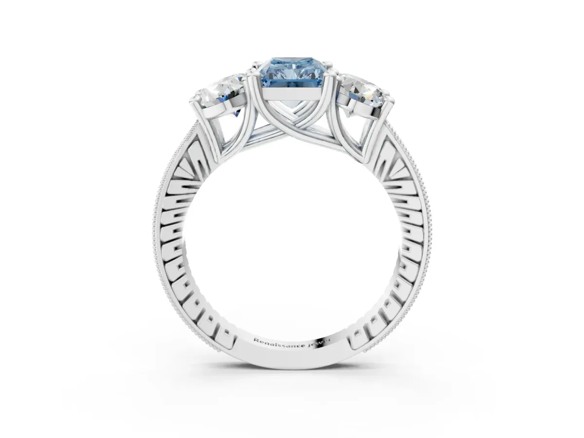 Fancy Blue Three-Stone Radiant Cut Diamond Milgrain Pave Band with Prong Setting Platinum