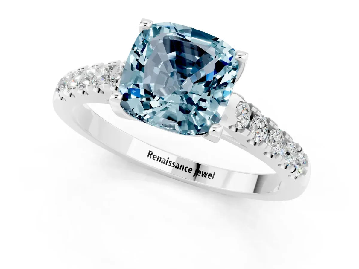 Cushion Cut Aquamarine Pavé Band Solitaire Ring with Prong Setting Platinum