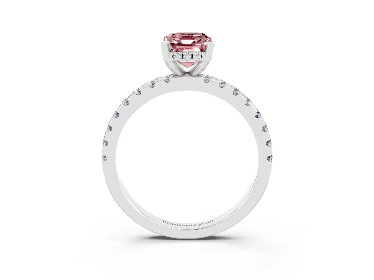 Emerald Cut Morganite Solitaire Ring with Round Pavé Band and Four-Prong Setting Silver