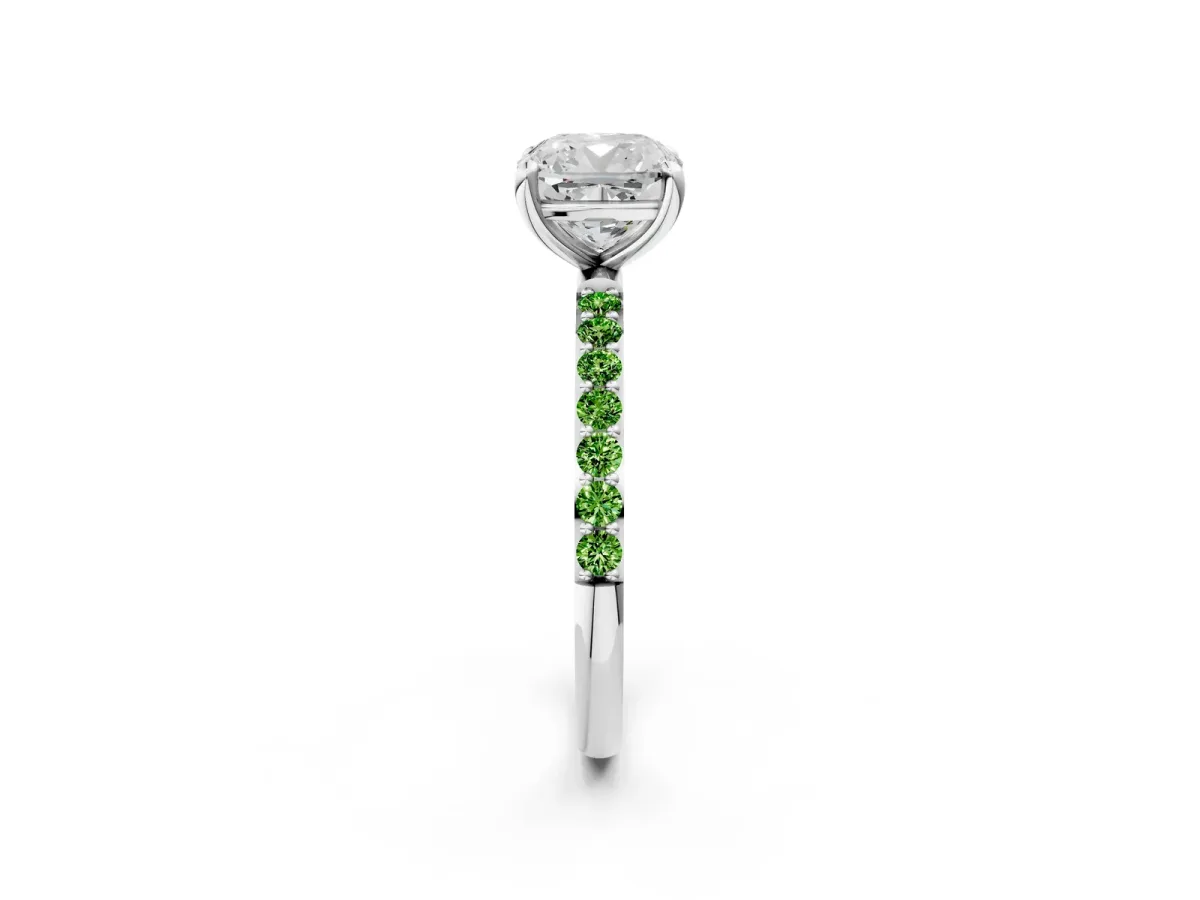 Cushion Cut Diamond Solitaire Ring with Round Peridot Pavé Band and Prong Setting Silver