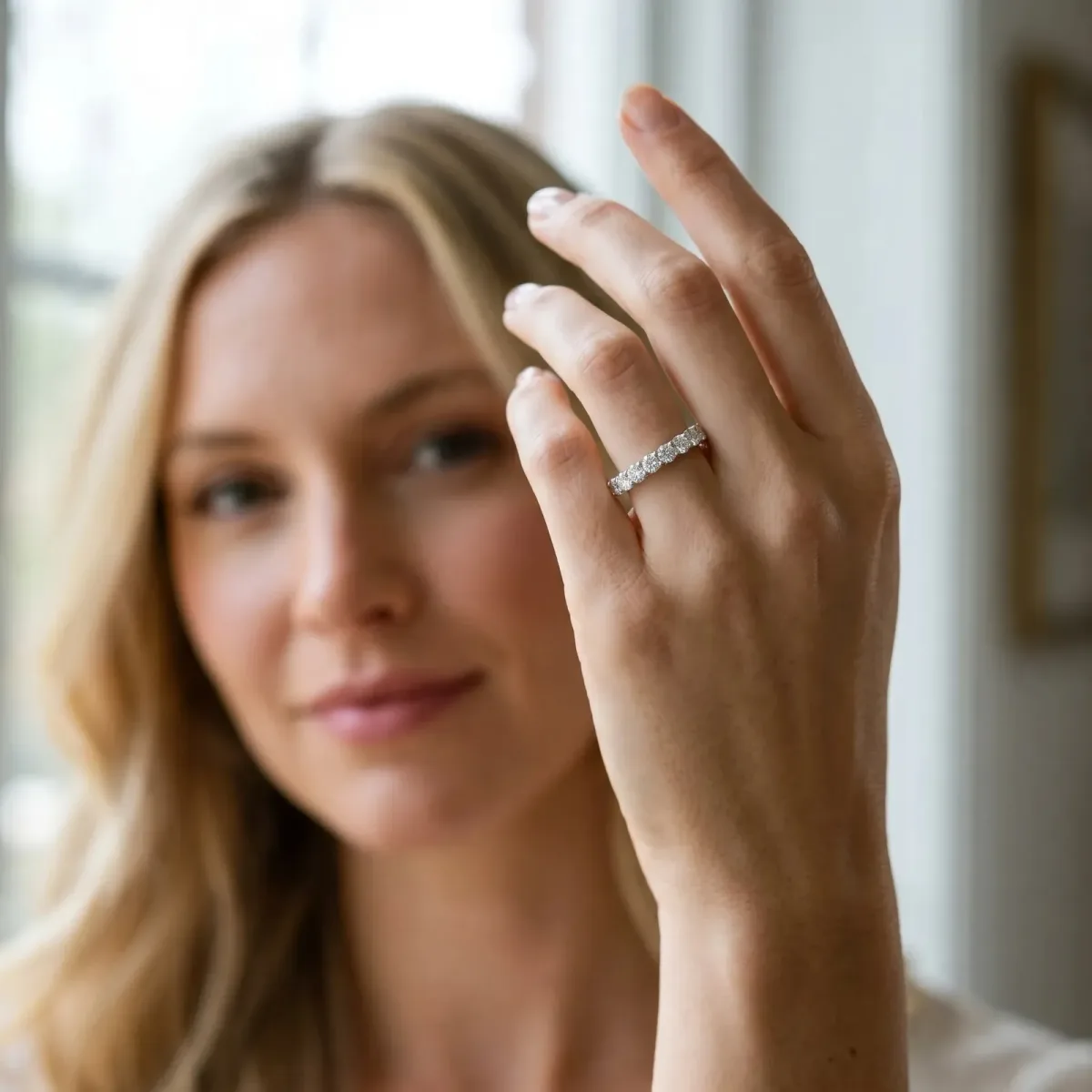 Round Diamond Half-Eternity Band with Shared Prong Setting Platinum