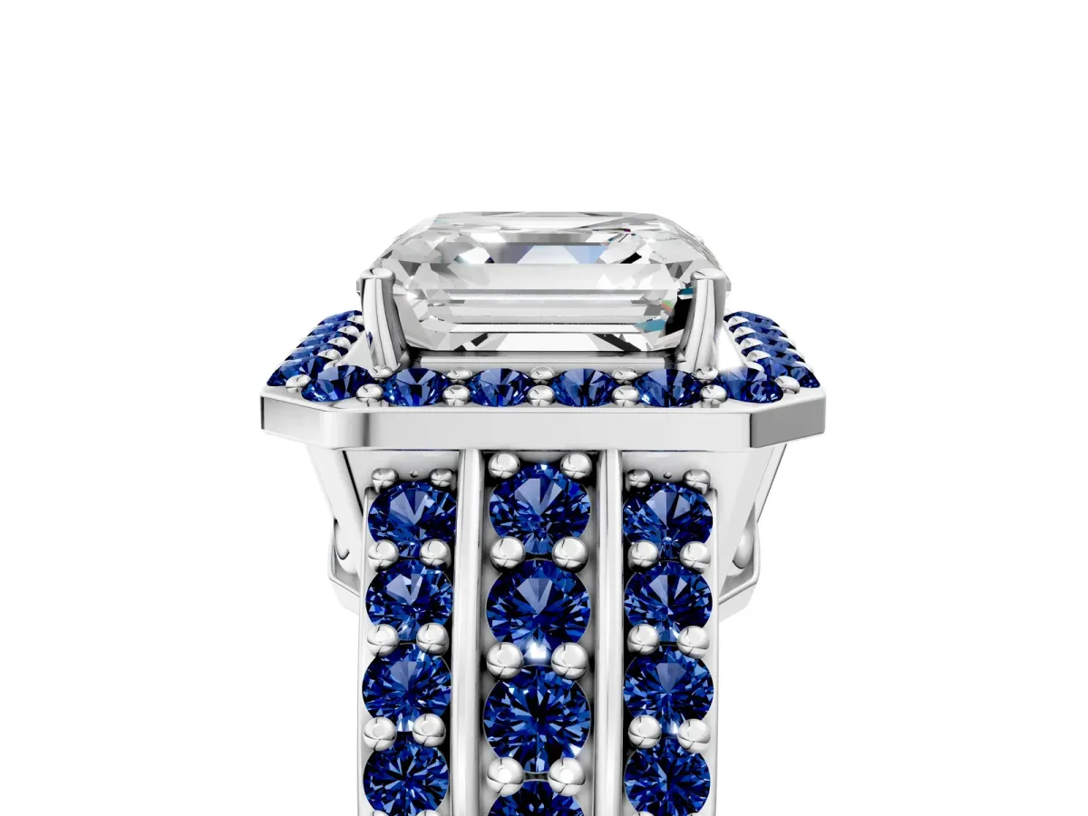 Asscher Cut Halo Diamond Ring with Round Blue Sapphire Split Shank and Prong Setting Silver