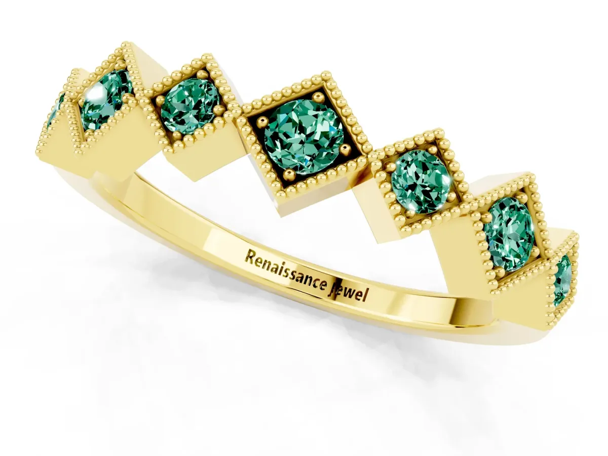 Milgrain Square Bezel Round Green Sapphire Chevron Band Yellow gold
