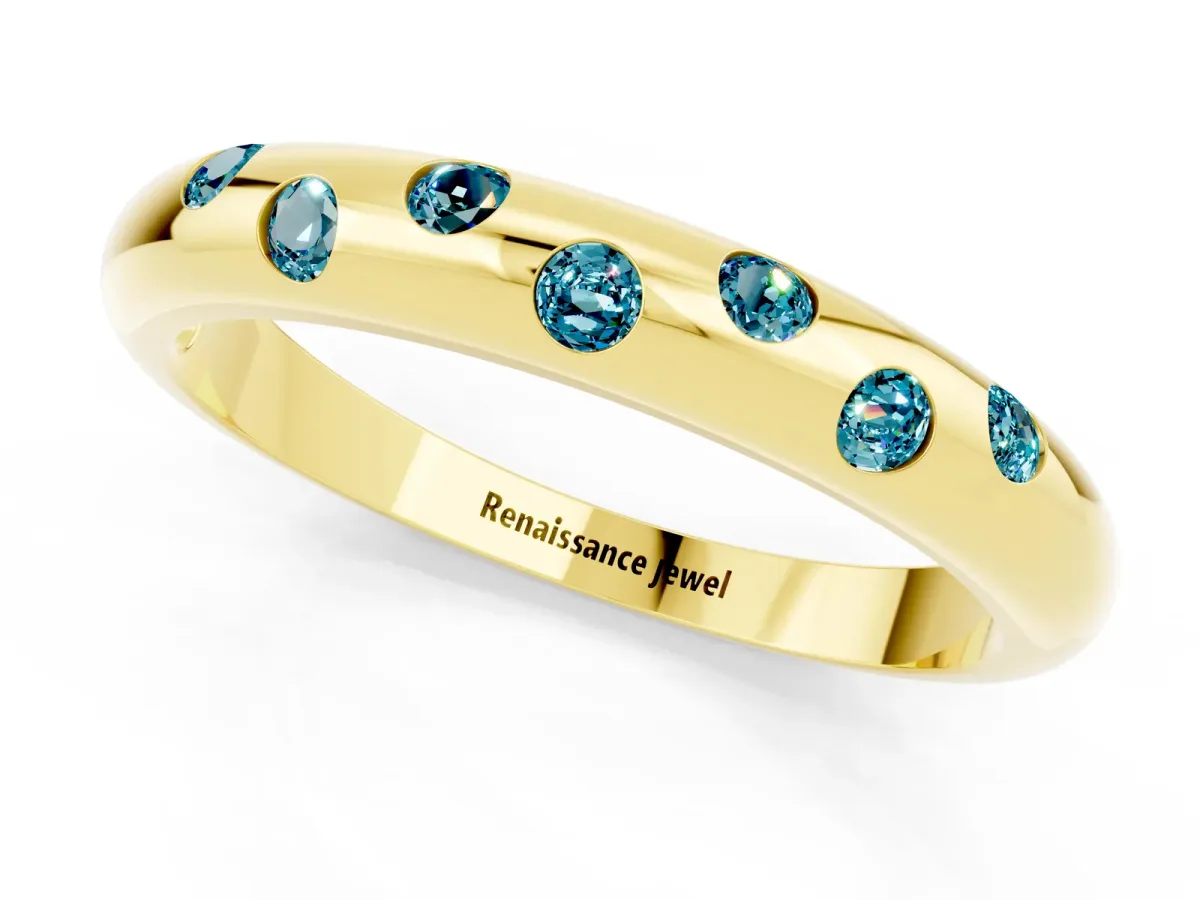 Round Blue Topaz Flush-Set Comfort Fit Band Yellow gold