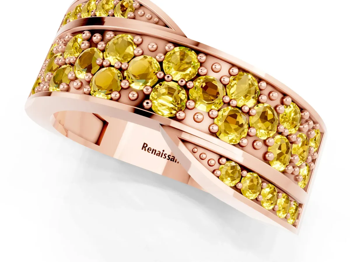 Pavé Round Yellow Sapphire Crossover Band with Bead Prong Setting Rose gold