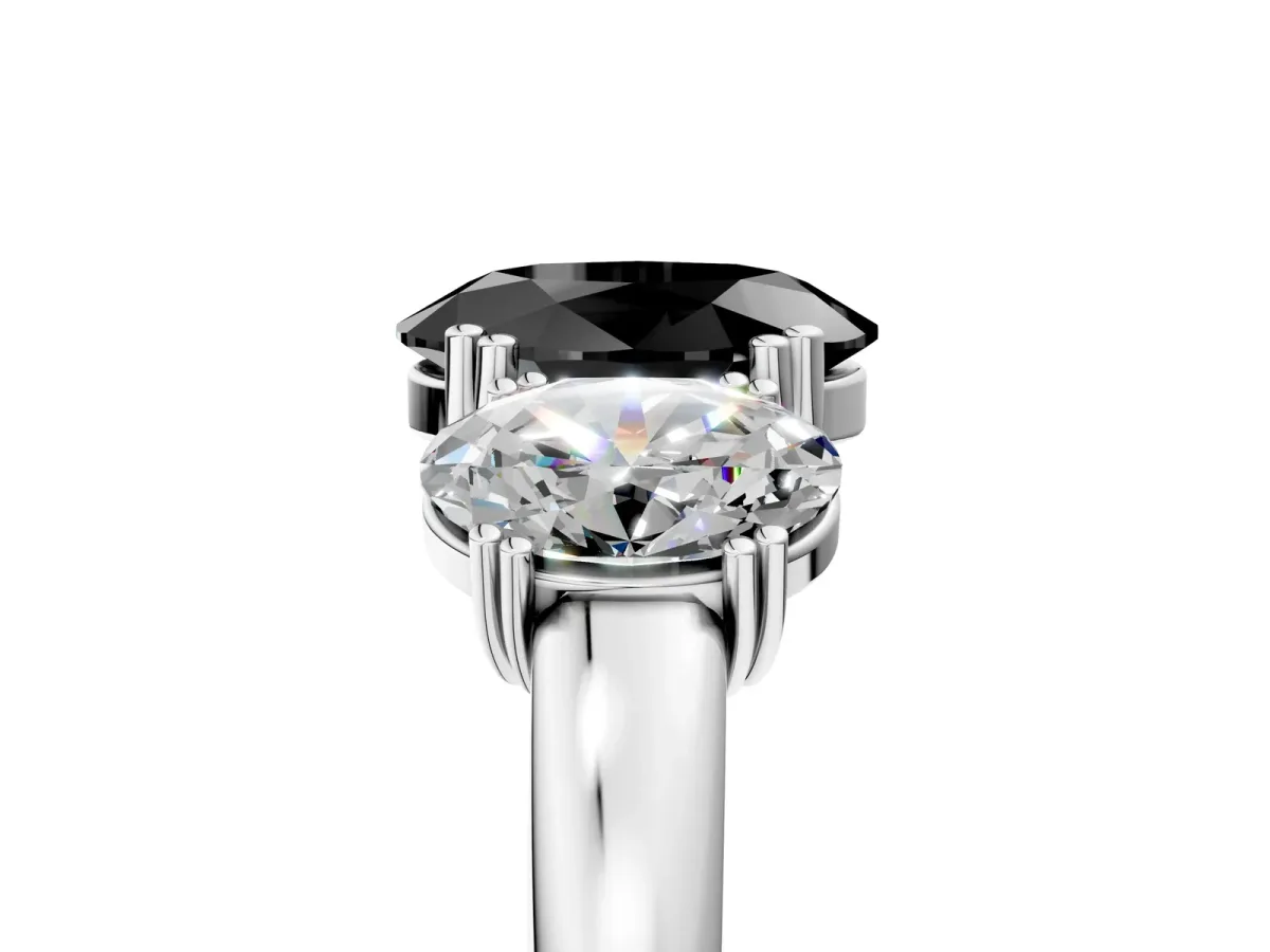 Fancy Black Three-Stone Oval Cut Cut Diamond Ring with Channel Set Band and Four-Prong Setting Silver