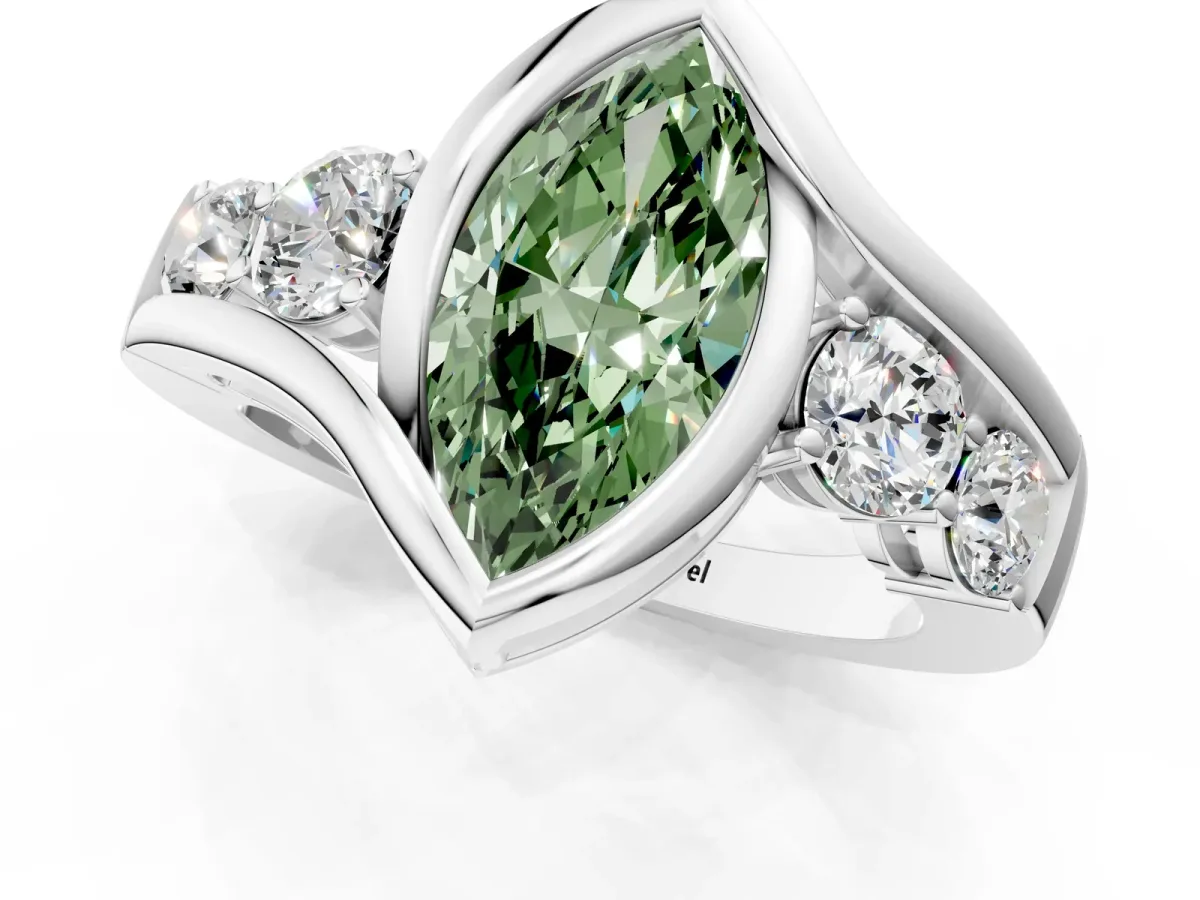 Fancy Green Bezel Set Marquise Cut Diamond Bypass Ring with Round Accents Silver