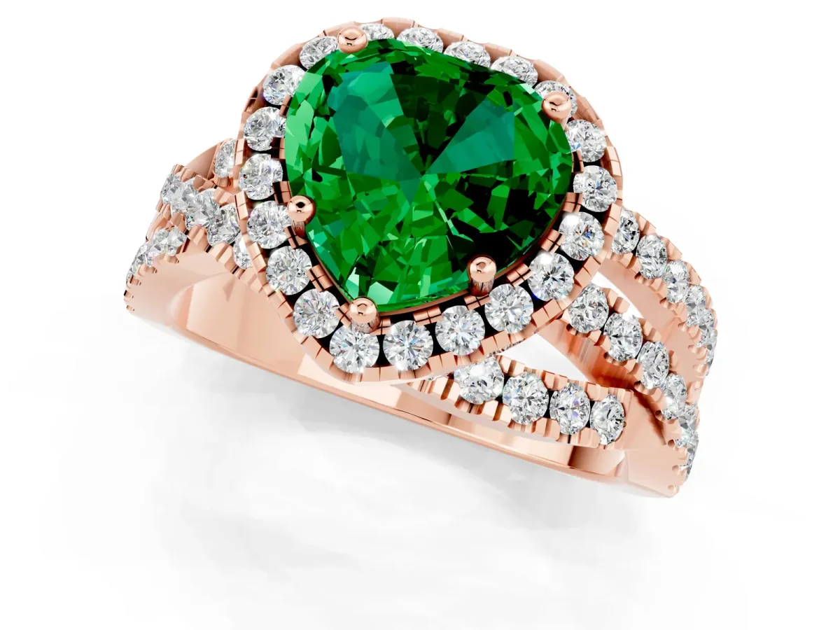 Heart Cut Emerald Halo Ring with Round Split Shank and Prong Setting Rose gold