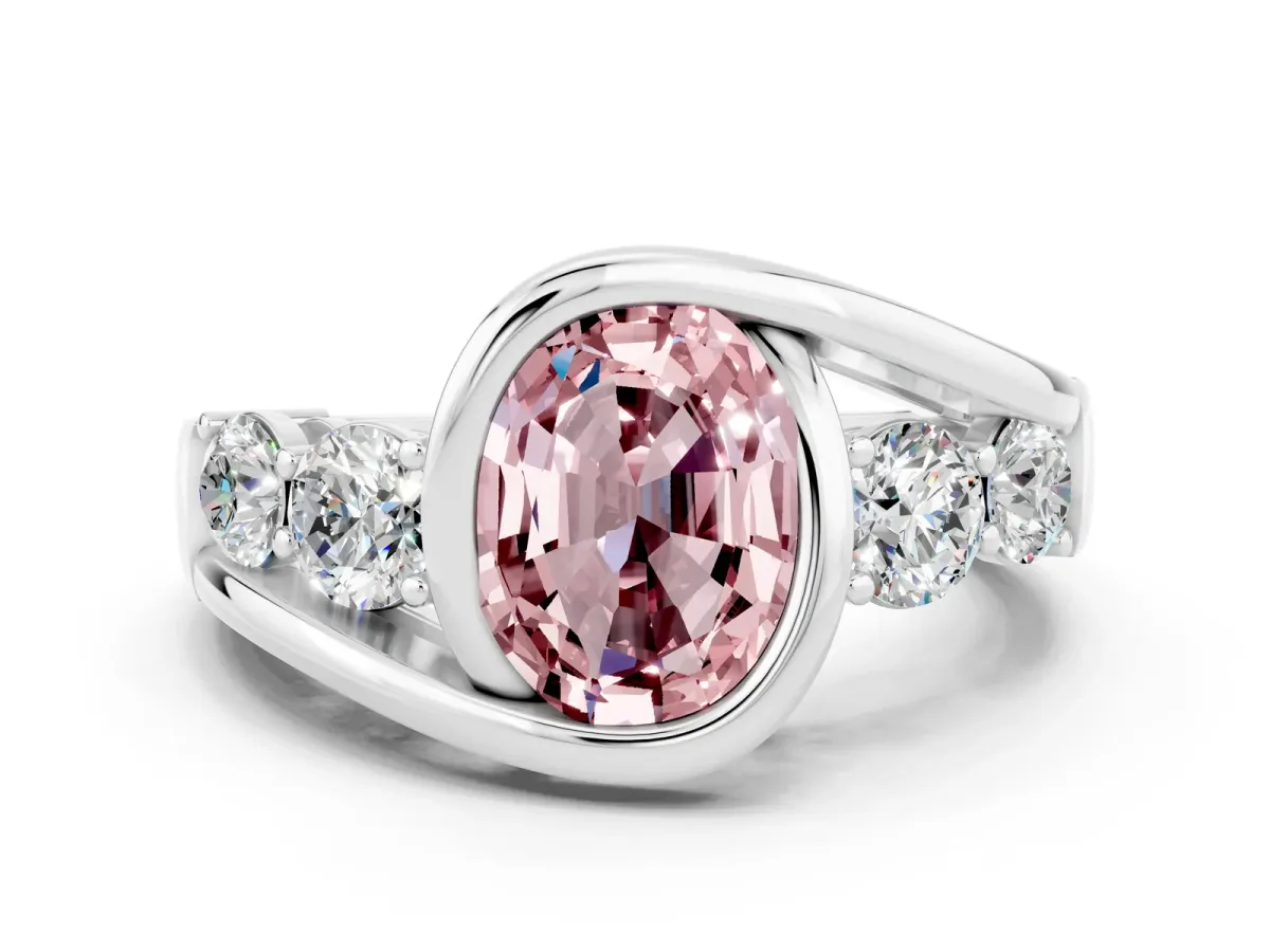Bezel Set Oval Cut Morganite Bypass Ring with Round Accents Silver