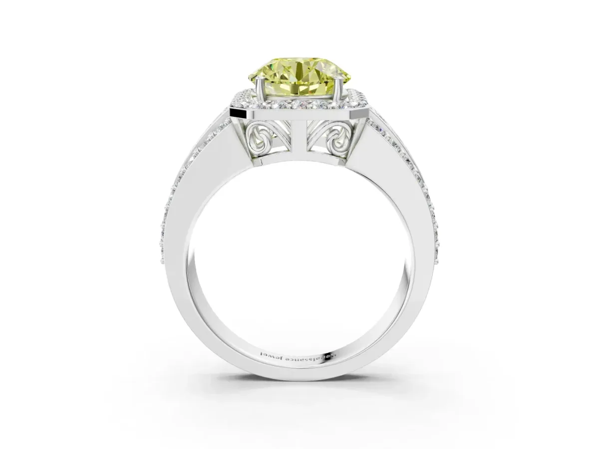 Fancy Yellow Round Cut Halo Diamond Ring with Round Split Shank and Prong Setting Silver