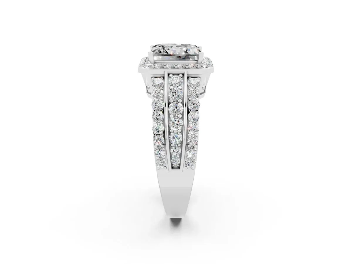 Princess Cut Halo Moissanite Ring with Round Split Shank and Prong Setting Platinum