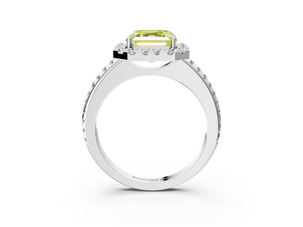 Fancy Yellow Asscher Cut Diamond Pavé Halo Ring with Four-Prong Setting Platinum