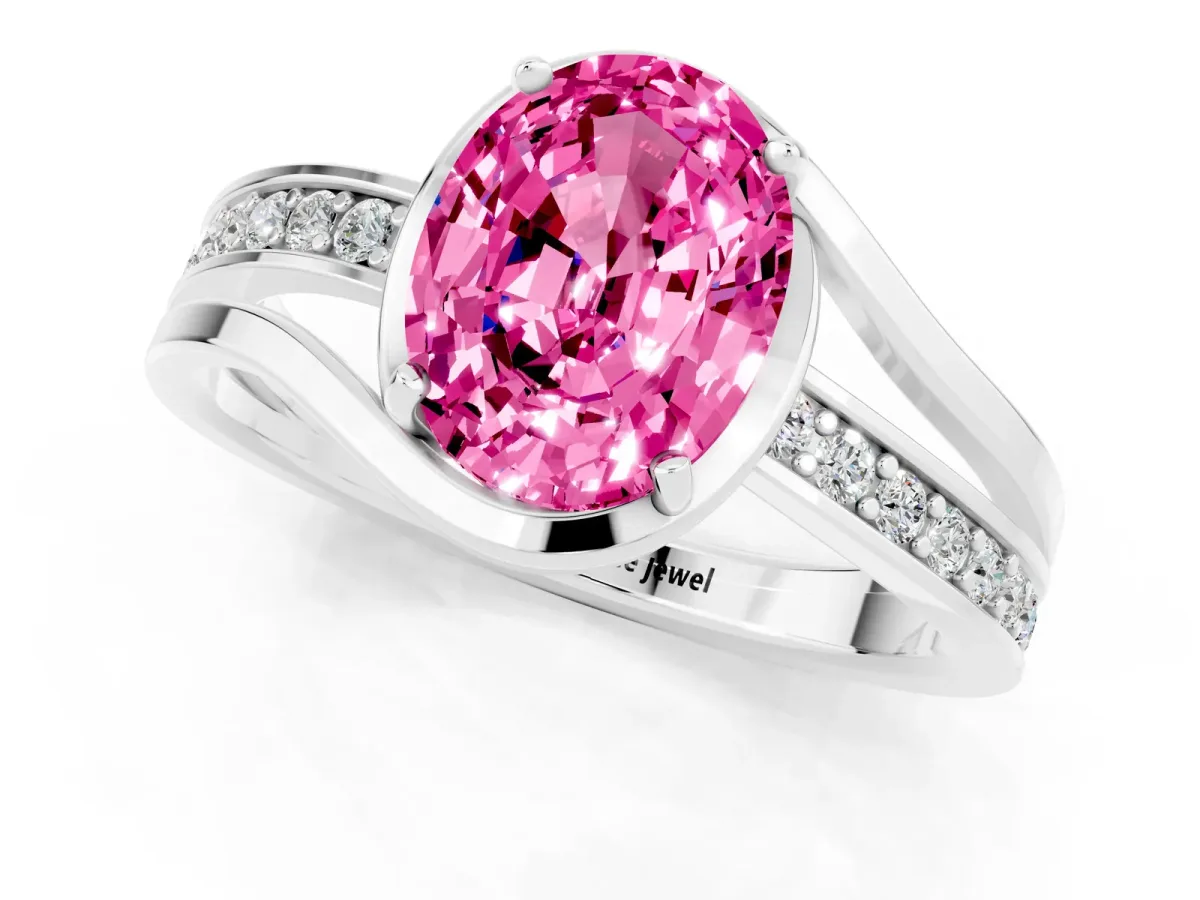 Oval Cut Pink Sapphire Solitaire Ring with Split Shank and Prong Setting White gold