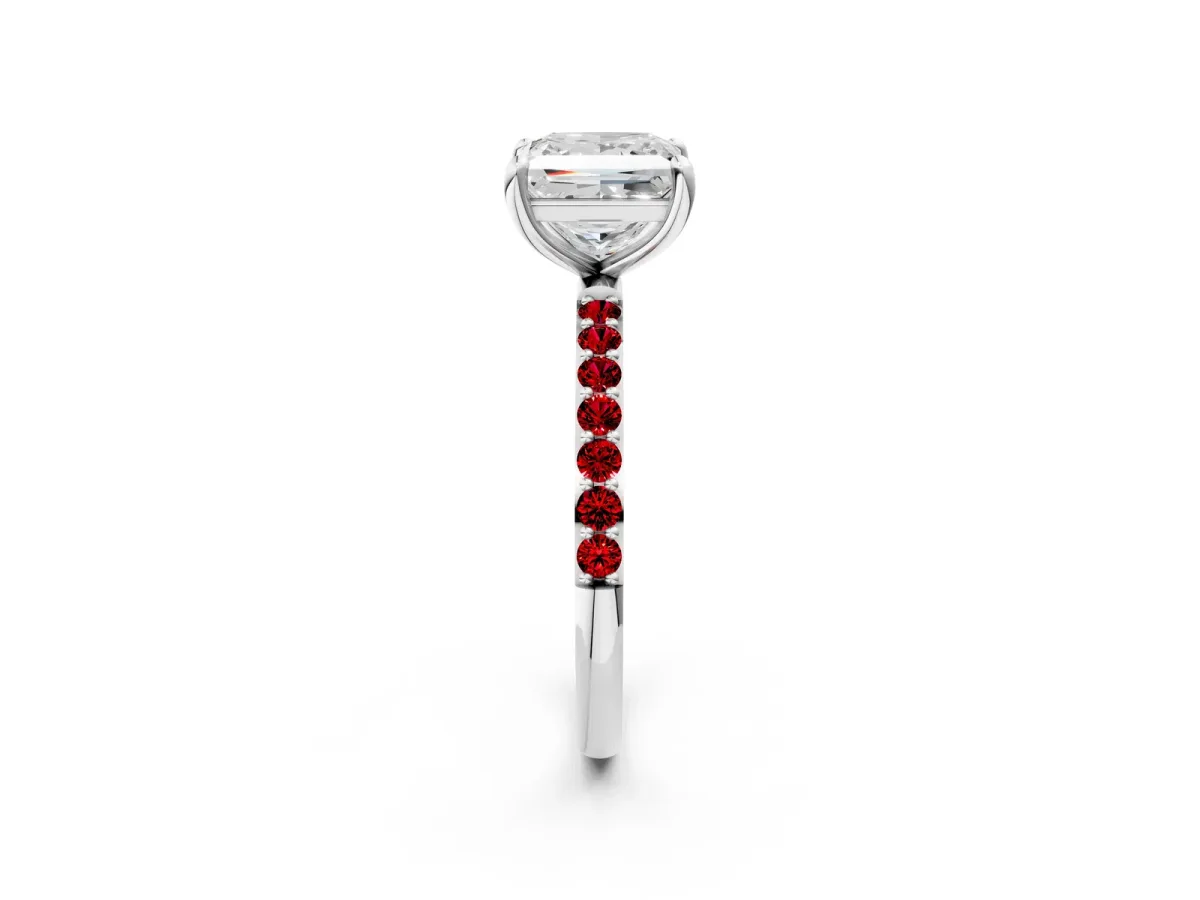 Princess Cut Diamond Solitaire Ring with Round Ruby Pavé Band and Prong Setting Silver