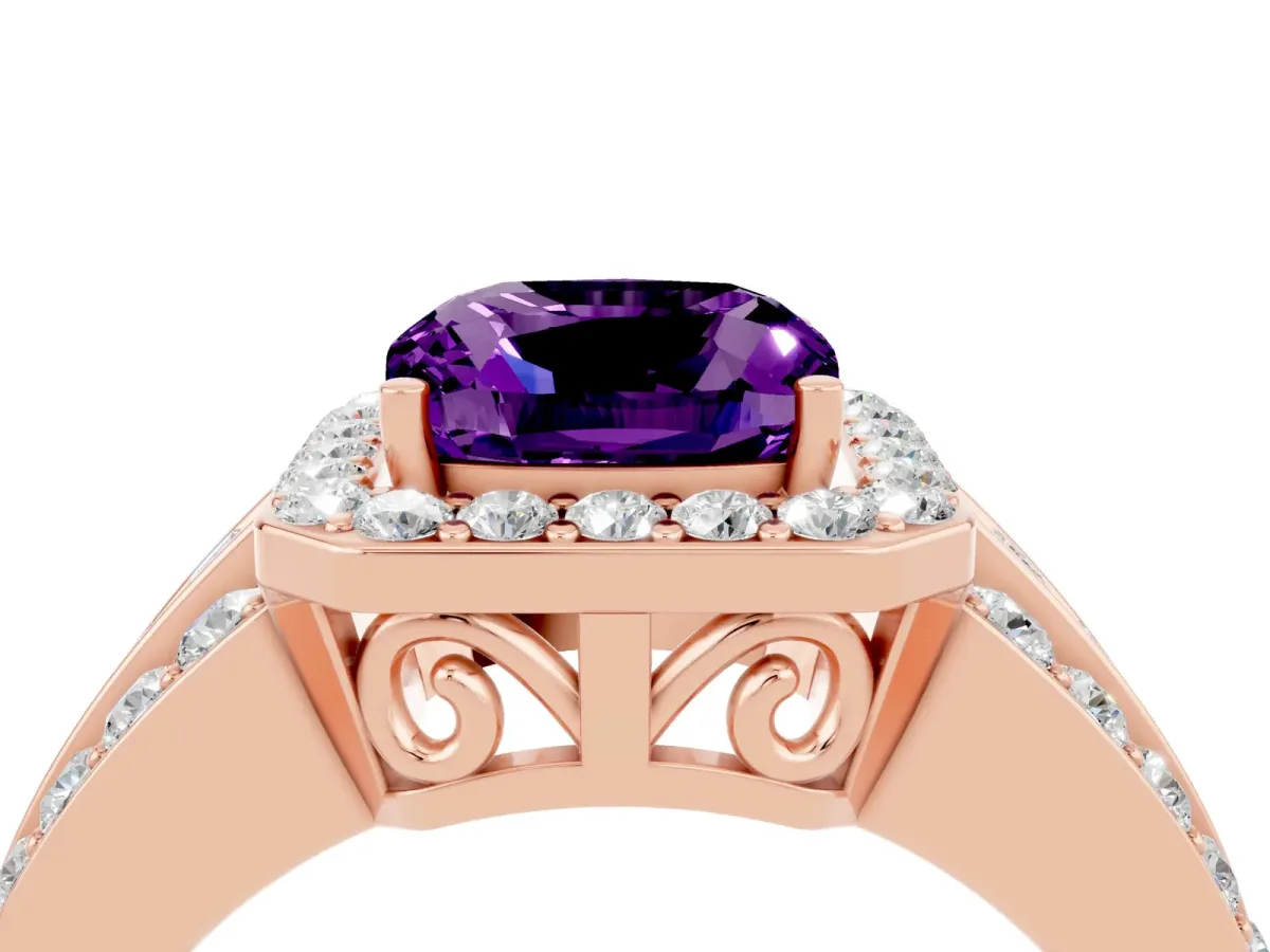 Cushion Cut Halo Amethyst Ring with Round Split Shank and Prong Setting Rose gold