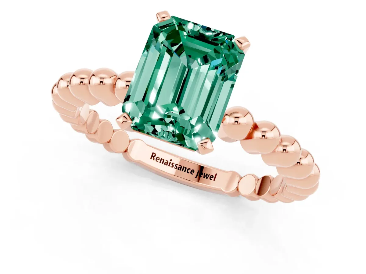 Emerald Cut Green Sapphire Solitaire Ring with Beaded Band and Prong Setting Rose gold