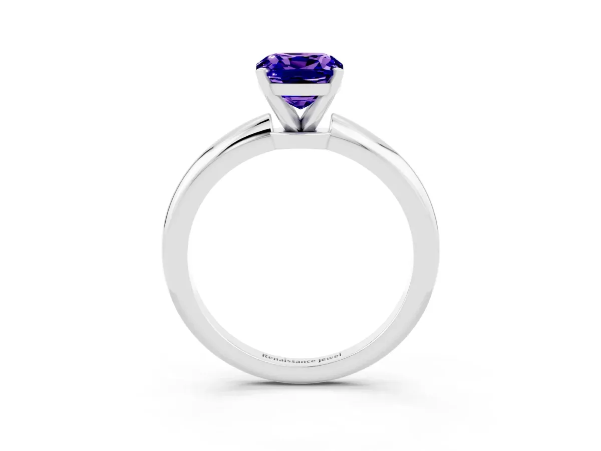 Cushion Cut Tanzanite Solitaire Ring with Six-Prong Setting and Classic Band Silver
