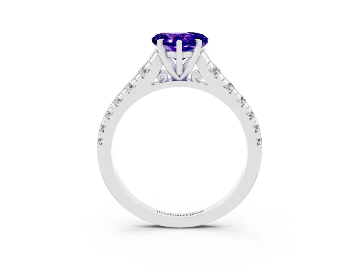 Heart Cut Tanzanite Cathedral Solitaire Ring with Round Pavé Band Silver