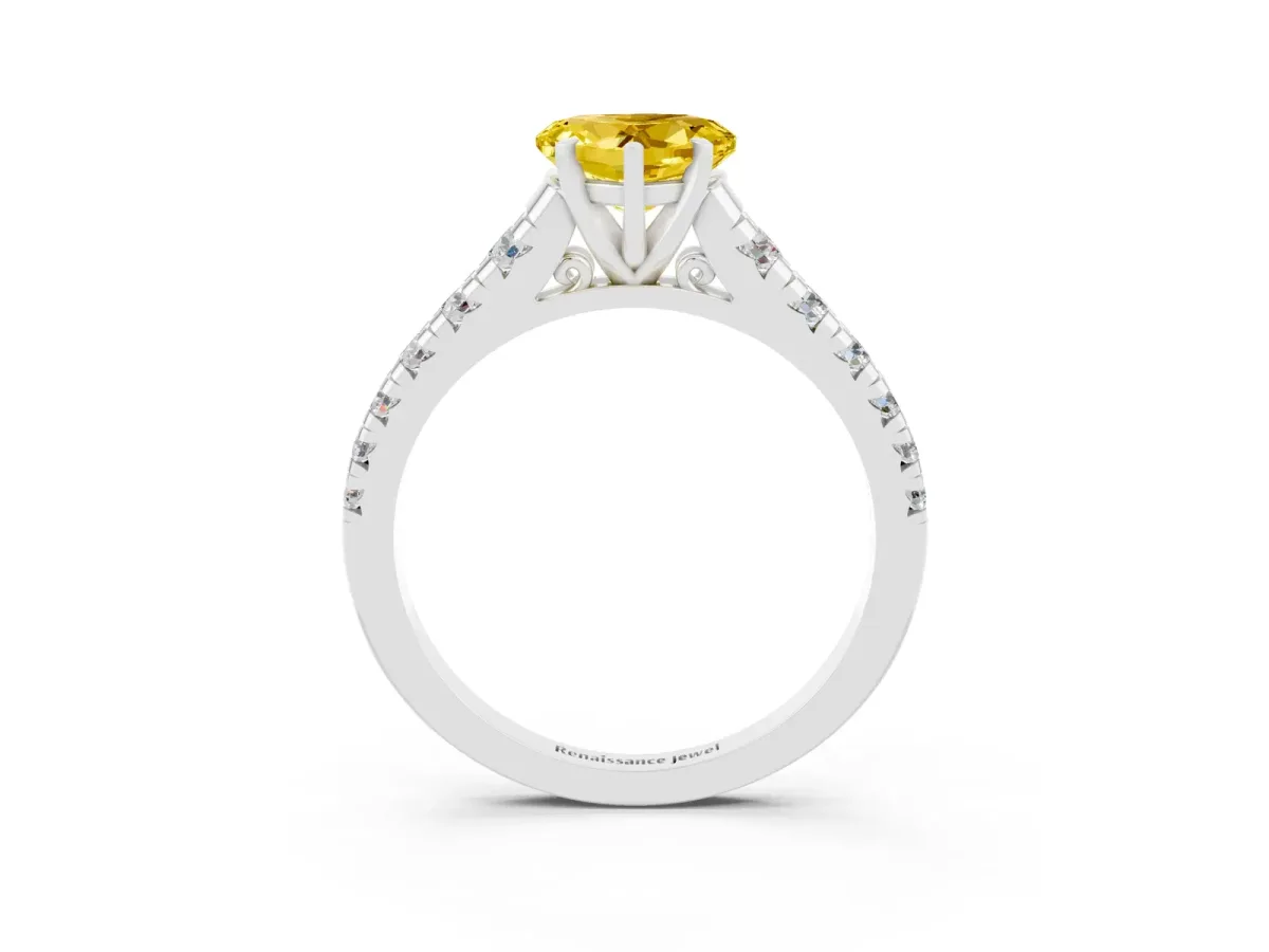 Heart Cut Yellow Sapphire Cathedral Solitaire Ring with Round Pavé Band Silver