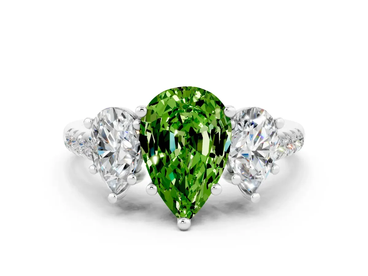 Three-Stone Pear Cut Peridot Ring with Round Pavé Band and Prong Setting Silver