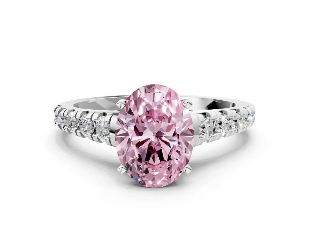 Fancy Pink Oval Cut Diamond Cathedral Solitaire Ring with Round Pavé Band Silver