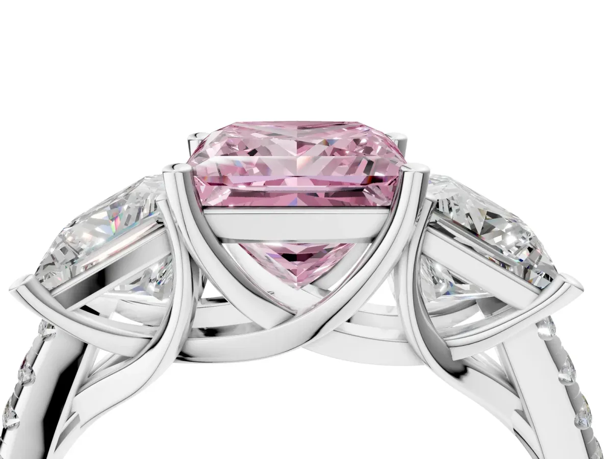 Fancy Pink Three-Stone Princess Cut Diamond Ring with Round Pavé Band and Prong Setting Silver