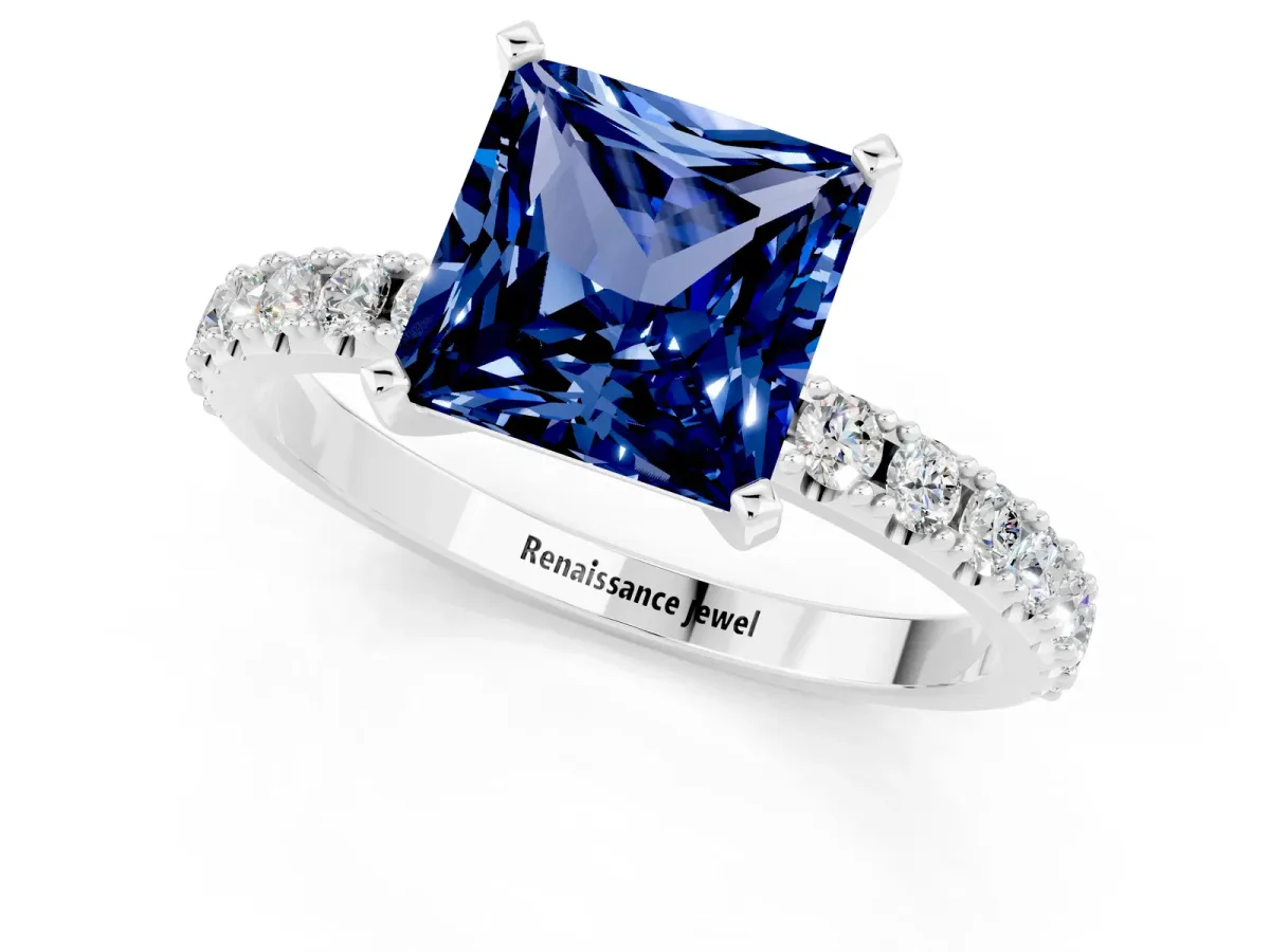 Princess Cut Blue Sapphire Solitaire Pavé Band with Four-Prong Setting Silver