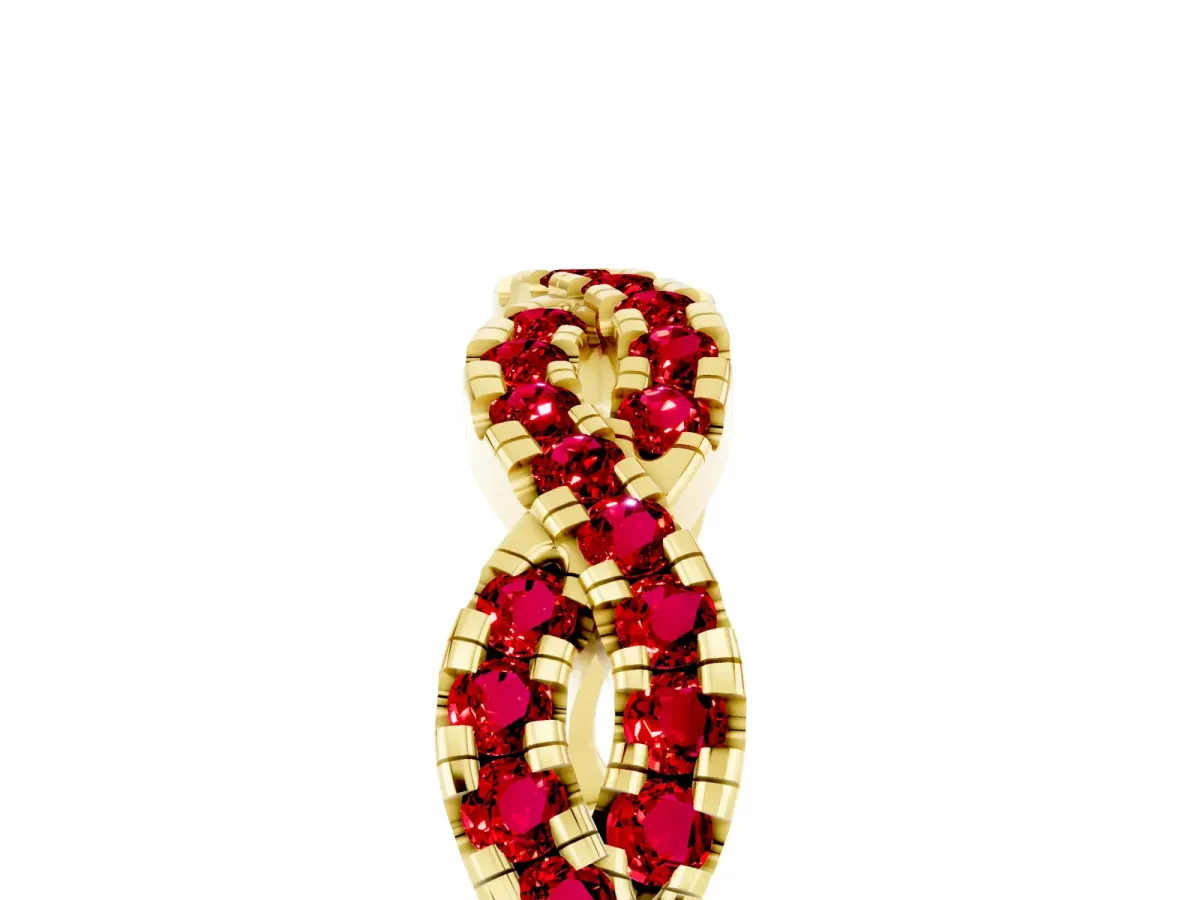Round Ruby Twisted Eternity Band with Pavé and Shared Prong Setting Yellow gold