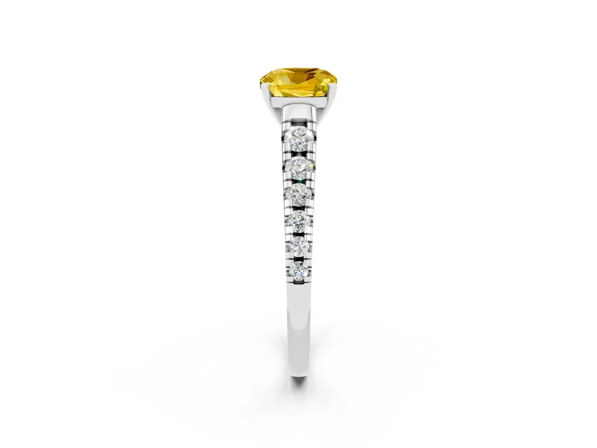 Cushion Cut Yellow Sapphire Cathedral Solitaire Ring with Round Pavé Band Silver