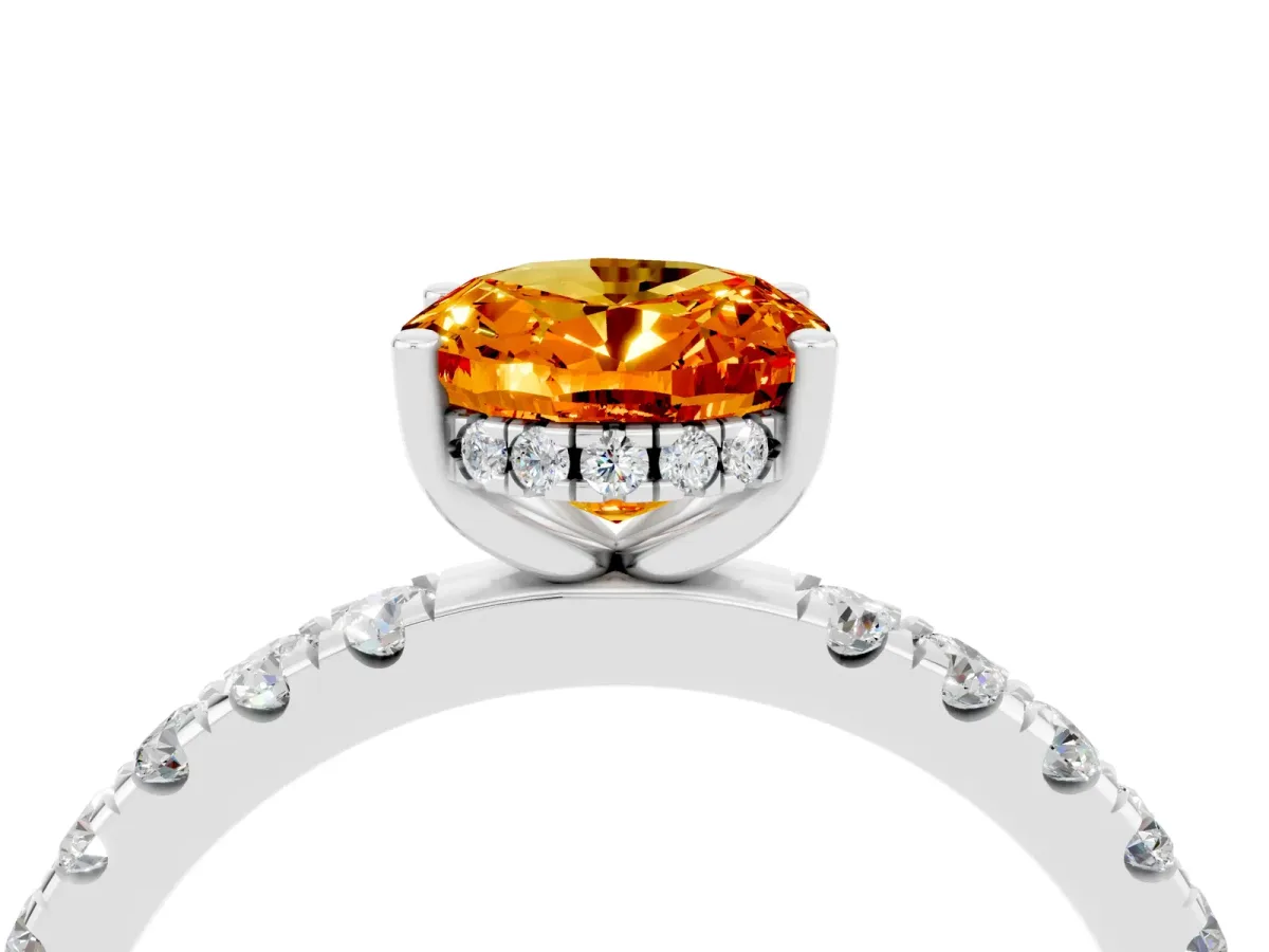 Oval Cut Citrine Pave Band Solitaire Ring with Round and Prong Setting Platinum
