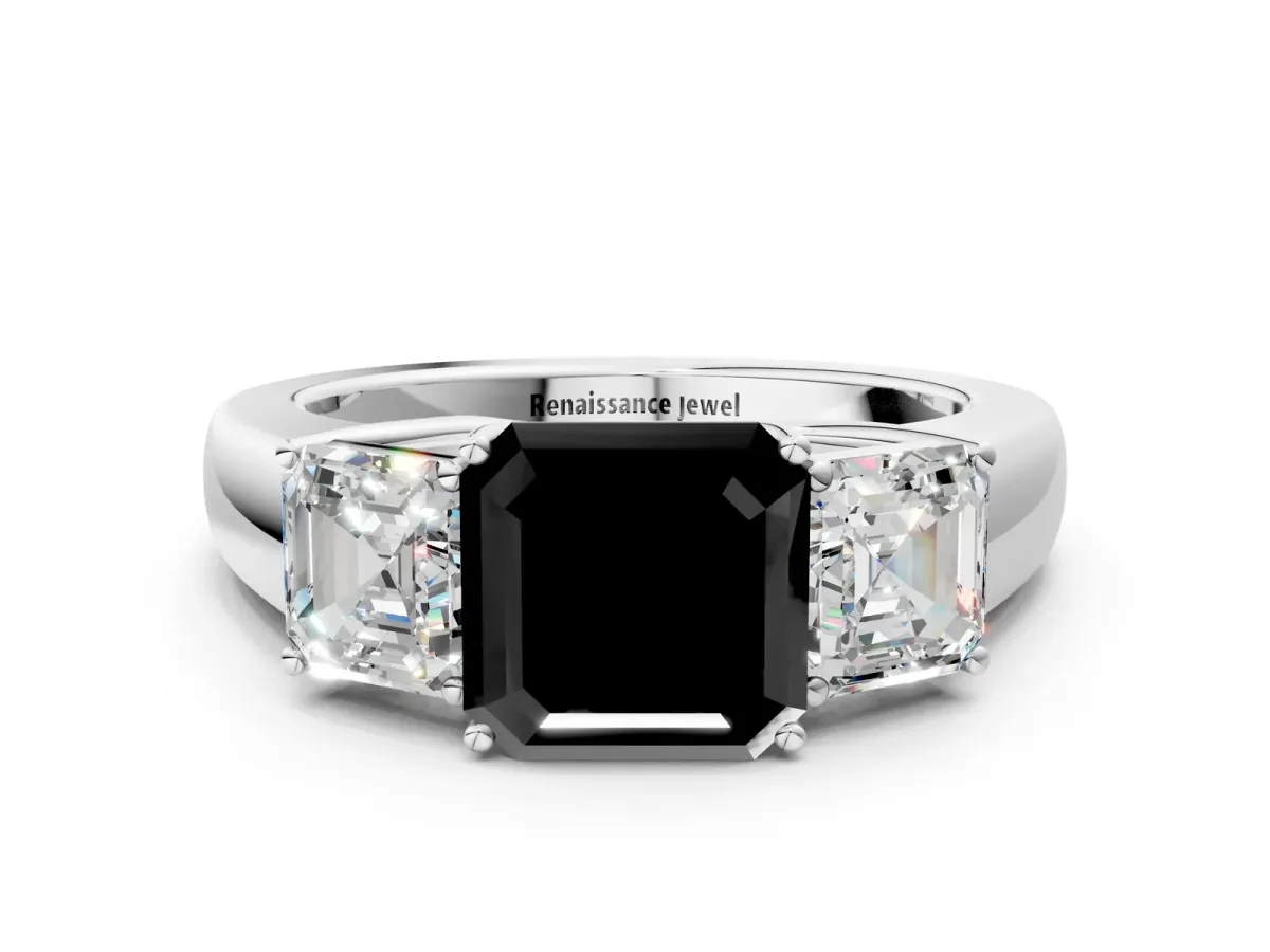 Fancy Black Three-Stone Asscher Cut Cut Diamond Ring with Prong Setting and Classic Band Platinum