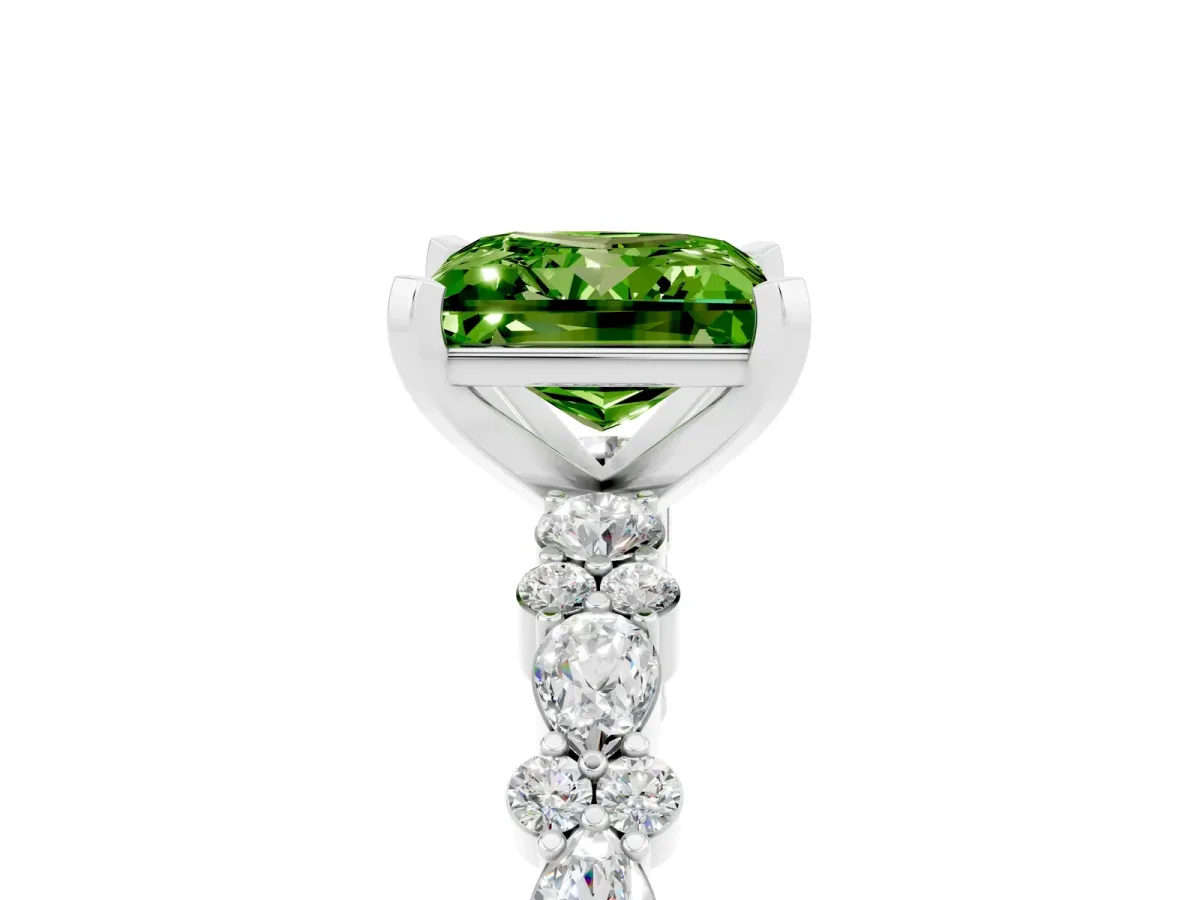 Princess Cut Peridot Side Stone Solitaire Ring with Round and Four-Prong Setting Platinum