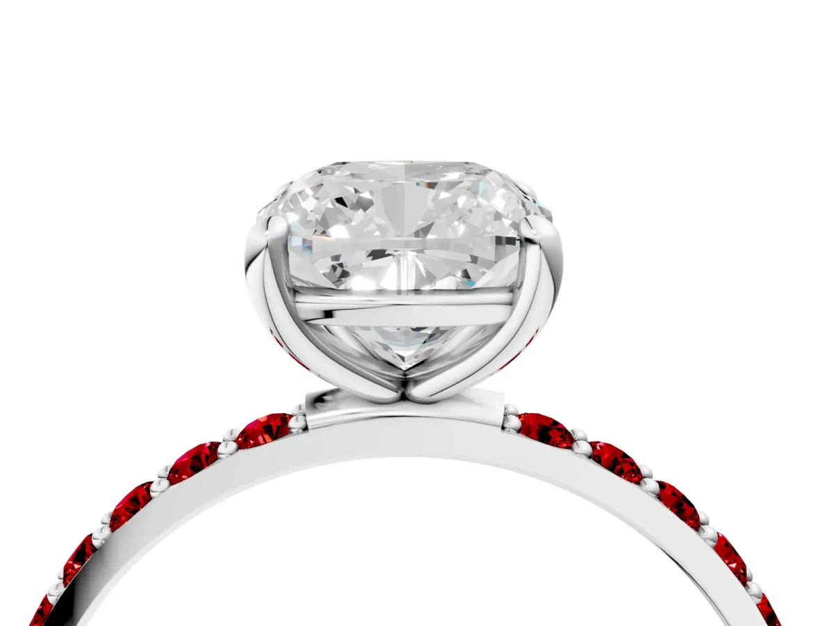 Cushion Cut Diamond Solitaire Ring with Round Ruby Pavé Band and Prong Setting White gold