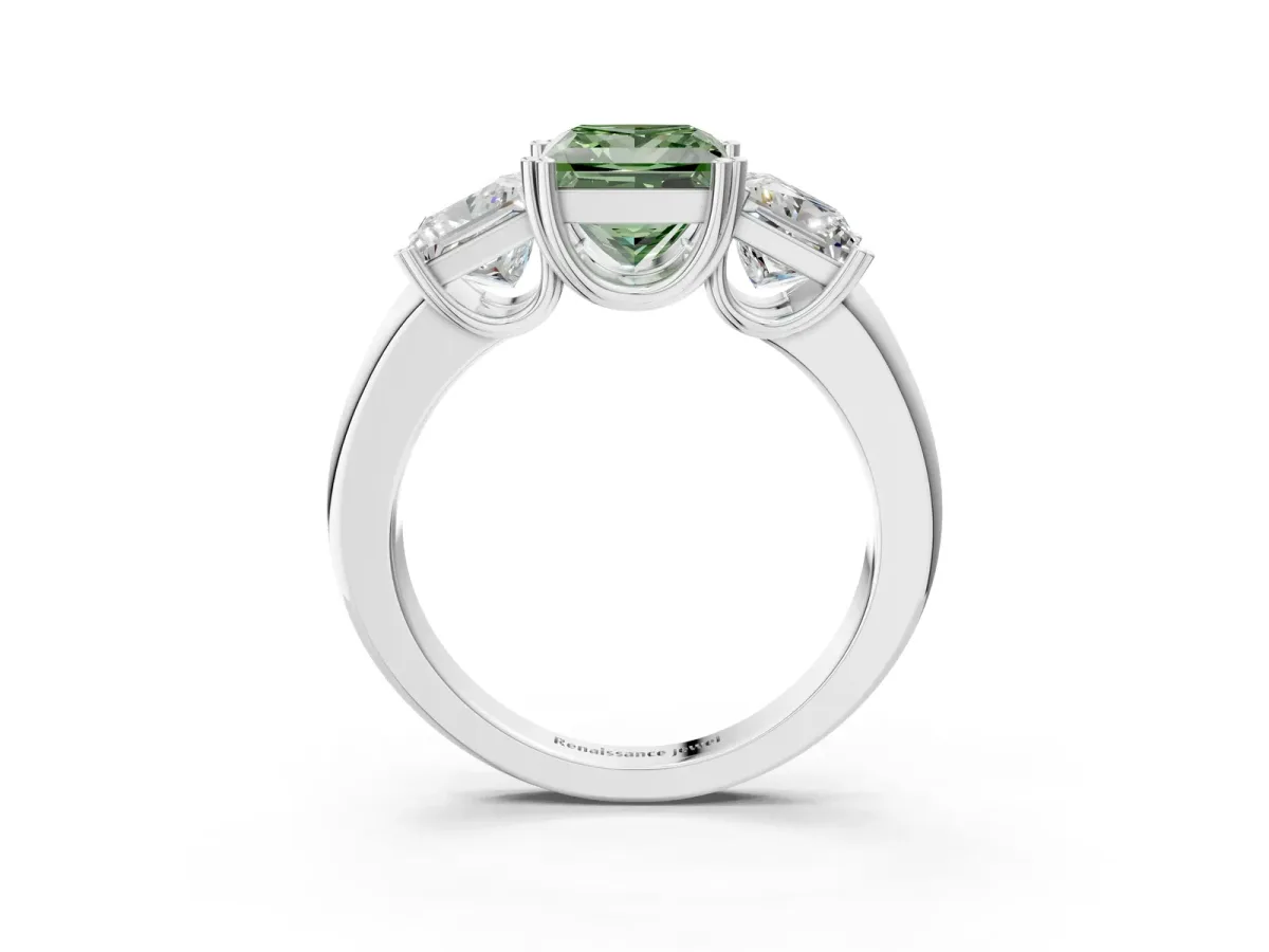Fancy Green Three-Stone Princess Cut Cut Diamond Ring with Channel Set Band and Four-Prong Setting Silver