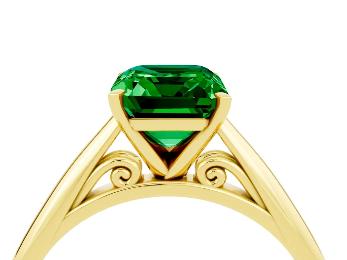 Emerald Cut Emerald Solitaire Engagement Ring with Cathedral Setting and Four-Prong Mount Yellow gold