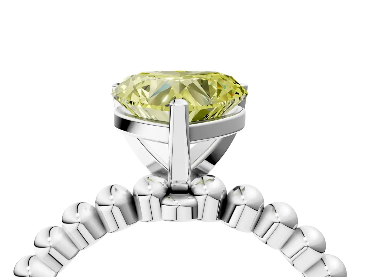 Fancy Yellow Heart Cut Diamond Solitaire Ring with Beaded Band and Prong Setting Silver