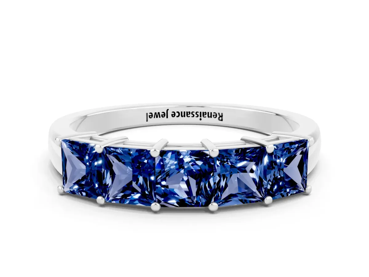 Princess Cut Five-Stone Blue Sapphire Band with Prong Setting White gold