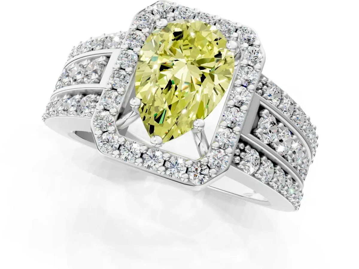 Fancy Yellow Pear Cut Halo Diamond Ring with Round Split Shank and Prong Setting Platinum